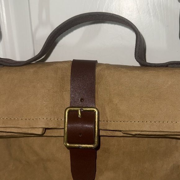 Eco-Beige Brown Leather-Trimmed Brown Paper Bag Crossbody Bag Recycled 9x11x5.5 - Picture 11 of 11